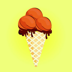 chocolate ice cream cone with yellow background. Tasty colorful ice cream for summer decorative, sweets, dessert, web design or print. Vector Illustration.
