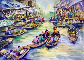 Obraz premium hand painted original impressionism contemporary art watercolor painting floating market background from dumnoen saduak thailand