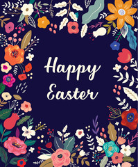 Fototapeta na wymiar Easter greeting illustration with colorful spring flowers. Happy Easter template, invitation