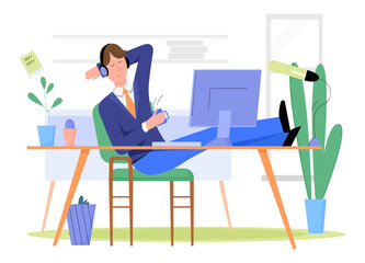 Man businessman has break and relaxes at workplace in office flat vector illustration concept. Boss on chair enjoy, listening music in headphones, drinking tea, coffee, legs on desk