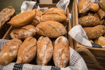 Variety of fresh bread in a basket. Food concept.