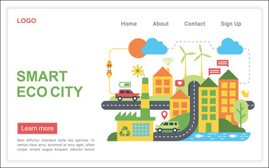 Smart eco city, high efficient modern technology flat vector illustration web landing page. Pure energy, wind generator, solar battery, electric car, free wifi, clear river. Futuristic town concept