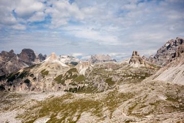 Panorama of Dolomites mountains with clouds. National Park Tre Cime di Lavaredo, Alps mountain chain, Trentino Alto Adige region, Sudtirol, Italy