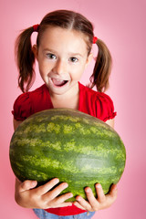 Fototapeta premium Happy Girl Holding Watermelon, Healthy Eating, Food, Nutrition