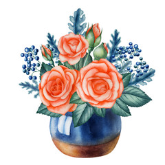 Watercolor illustration pink rose with green leaves on an isolated white background. Hand-painted flower composition.