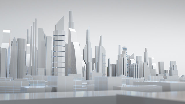 White City With Wire Frame, Abstract City, Future City. 3D Rendering