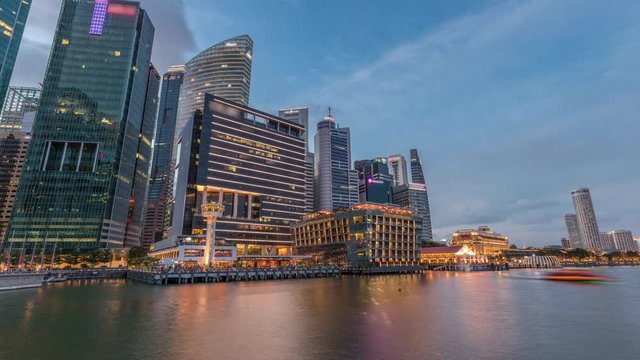 Business Financial Downtown City and Skyscrapers Tower Building with Customs House at Marina Bay day to night transition timelapse, Singapore, Cityscape Urban Landmark and Business Finance District