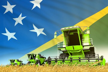 Fototapeta premium industrial 3D illustration of green rye agricultural combine harvester on field with Solomon Islands flag background, food industry concept