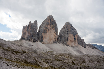 Fototapeta premium view of the Three Peaks of Lavaredo. National Park Tre Cime di Lavaredo, Alps mountain chain, Trentino Alto Adige region, Sudtirol, Italy