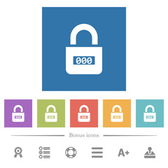 Locked combination lock with center numbers flat white icons in square backgrounds