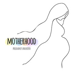 Vector line illustration Mother holding newborn baby. Motherhood. Contour symbol. isolated outline