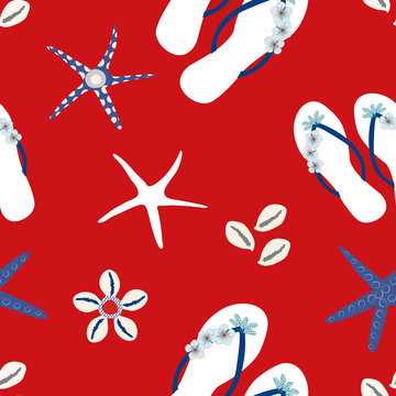 Nautical flip flop shoe seamless vector pattern background. Stylish sandals, starfish, cowrie shell backdrop. Bright red, white and blue. All over print for beach vacation, oceanside resort concept