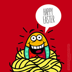 Egg cartoon character with happy face stand on the nest.Easter greeting vector drawing illustration