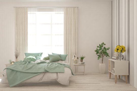 Fototapeta White bedroom interior. Scandinavian design. 3D illustration