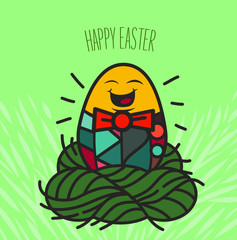 Egg cartoon character with happy face stand on the nest.Easter greeting vector drawing illustration