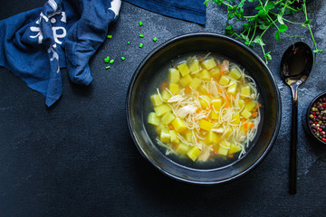 chicken soup vegetables healthy eating Menu concept. keto or paleo diet food background. top view copy space for text