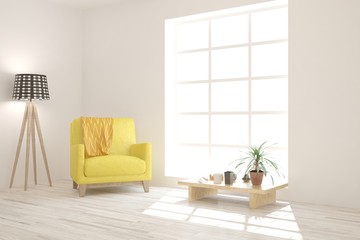 White living room with armchair. Scandinavian interior design. 3D illustration