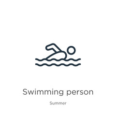 Swimming person icon. Thin linear swimming person outline icon isolated on white background from summer collection. Line vector sign, symbol for web and mobile