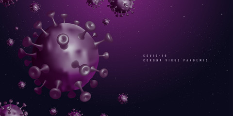 Dangerous Purple Corona Viruses Flying Spreading, Deadly Corona Virus Epidemic Illustration 3D Vector Background