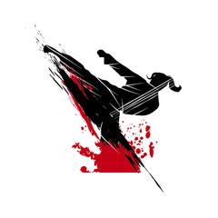 Fighting pose of martial arts silhouette character logo illustration. 