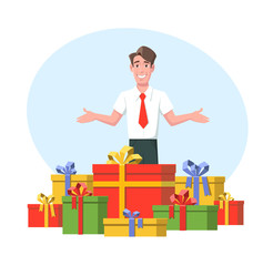 A smiling man in white shirt with tie is standing with a big amount of presents. Vector illustration.