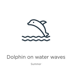 Dolphin on water waves icon. Thin linear dolphin on water waves outline icon isolated on white background from summer collection. Line vector sign, symbol for web and mobile
