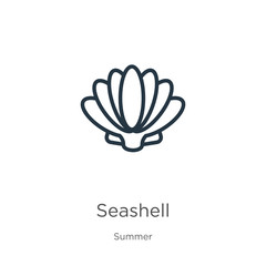 Seashell icon. Thin linear seashell outline icon isolated on white background from summer collection. Line vector sign, symbol for web and mobile