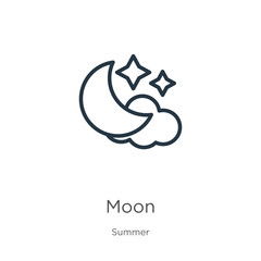 Moon icon. Thin linear moon outline icon isolated on white background from summer collection. Line vector sign, symbol for web and mobile