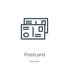 Postcard icon. Thin linear postcard outline icon isolated on white background from summer collection. Line vector sign, symbol for web and mobile