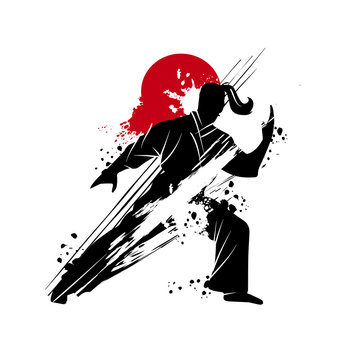 Fighting pose of martial arts silhouette character logo illustration. 