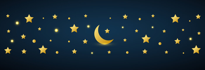 Fototapeta premium Golden crescent and star symbol on dark background. Ramadan Kareem long greeting banner. Eid Mubarak greeting card. Luxury gold design elements. Muslim islamic feast. Vector illustration