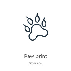 Paw print icon. Thin linear paw print outline icon isolated on white background from stone age collection. Line vector sign, symbol for web and mobile