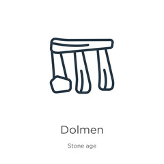 Dolmen icon. Thin linear dolmen outline icon isolated on white background from stone age collection. Line vector sign, symbol for web and mobile