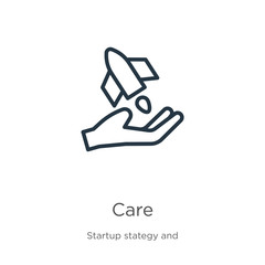 Care icon. Thin linear care outline icon isolated on white background from startup collection. Line vector sign, symbol for web and mobile