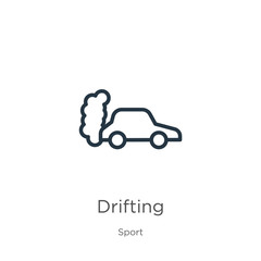 Drifting icon. Thin linear drifting outline icon isolated on white background from sport collection. Line vector sign, symbol for web and mobile