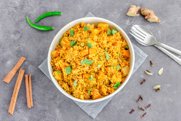 Indian Vegetable Pulav, One Pot Rice Dish, Vegetarian and Vegan Food Horizontal Photo