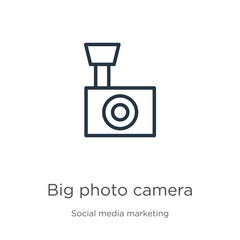 Big photo camera icon. Thin linear big photo camera outline icon isolated on white background from social media collection. Line vector sign, symbol for web and mobile