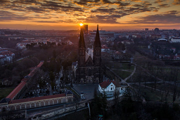 Fototapeta premium The Basilica of St Peter and St Paul is a neo-Gothic church in Vyšehrad fortress in Prague, Czech Republic. Founded in 1070-1080 by the Czech King Vratislav II, Behind the church is famous cemetery.