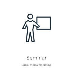 Seminar icon. Thin linear seminar outline icon isolated on white background from social media marketing collection. Line vector sign, symbol for web and mobile