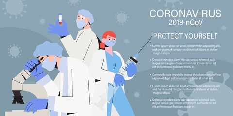 Doctor team or medical health care professionals fighting with coronavirus pandemic or coronavirus disease 2019 COVID-19. Informing people about self protective measures, treatment and prevention.