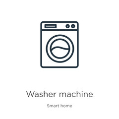 Washer machine icon. Thin linear washer machine outline icon isolated on white background from smart home collection. Line vector sign, symbol for web and mobile