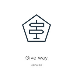 Give way icon. Thin linear give way outline icon isolated on white background from signaling collection. Line vector sign, symbol for web and mobile