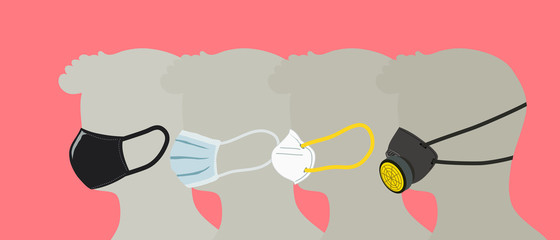Illustration comparing various kind of face mask, cotton mask, surgical mask, n95 mask, protection for coronavirus