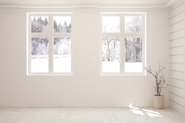 Mock up of empty room in white color with winter landscape in window. Scandinavian interior design. 3D illustration