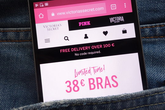 KONSKIE, POLAND - JUNE 02, 2018: Victoria`s Secret website  displayed on smartphone hidden in jeans pocket