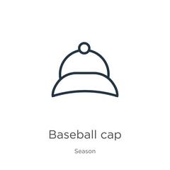 Baseball cap icon. Thin linear baseball cap outline icon isolated on white background from season collection. Line vector sign, symbol for web and mobile