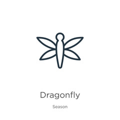 Dragonfly icon. Thin linear dragonfly outline icon isolated on white background from season collection. Line vector sign, symbol for web and mobile