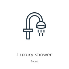 Luxury shower icon. Thin linear luxury shower outline icon isolated on white background from sauna collection. Line vector sign, symbol for web and mobile