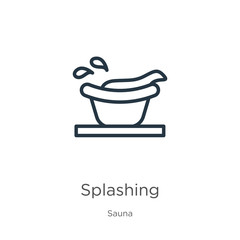 Splashing icon. Thin linear splashing outline icon isolated on white background from sauna collection. Line vector sign, symbol for web and mobile