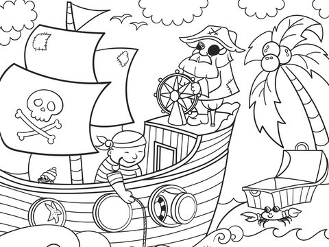 Coloring book sea pirates on the ship. The captain of the ship at the helm. Children picture. Vector
